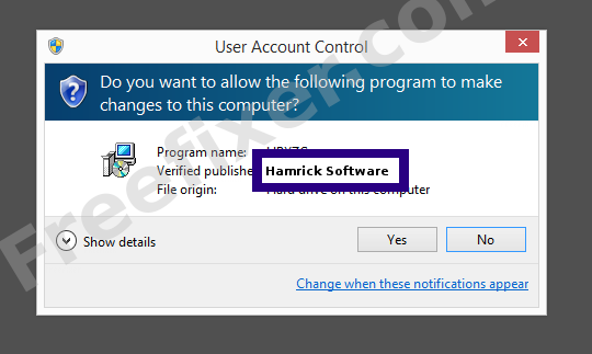 Screenshot where Hamrick Software appears as the verified publisher in the UAC dialog